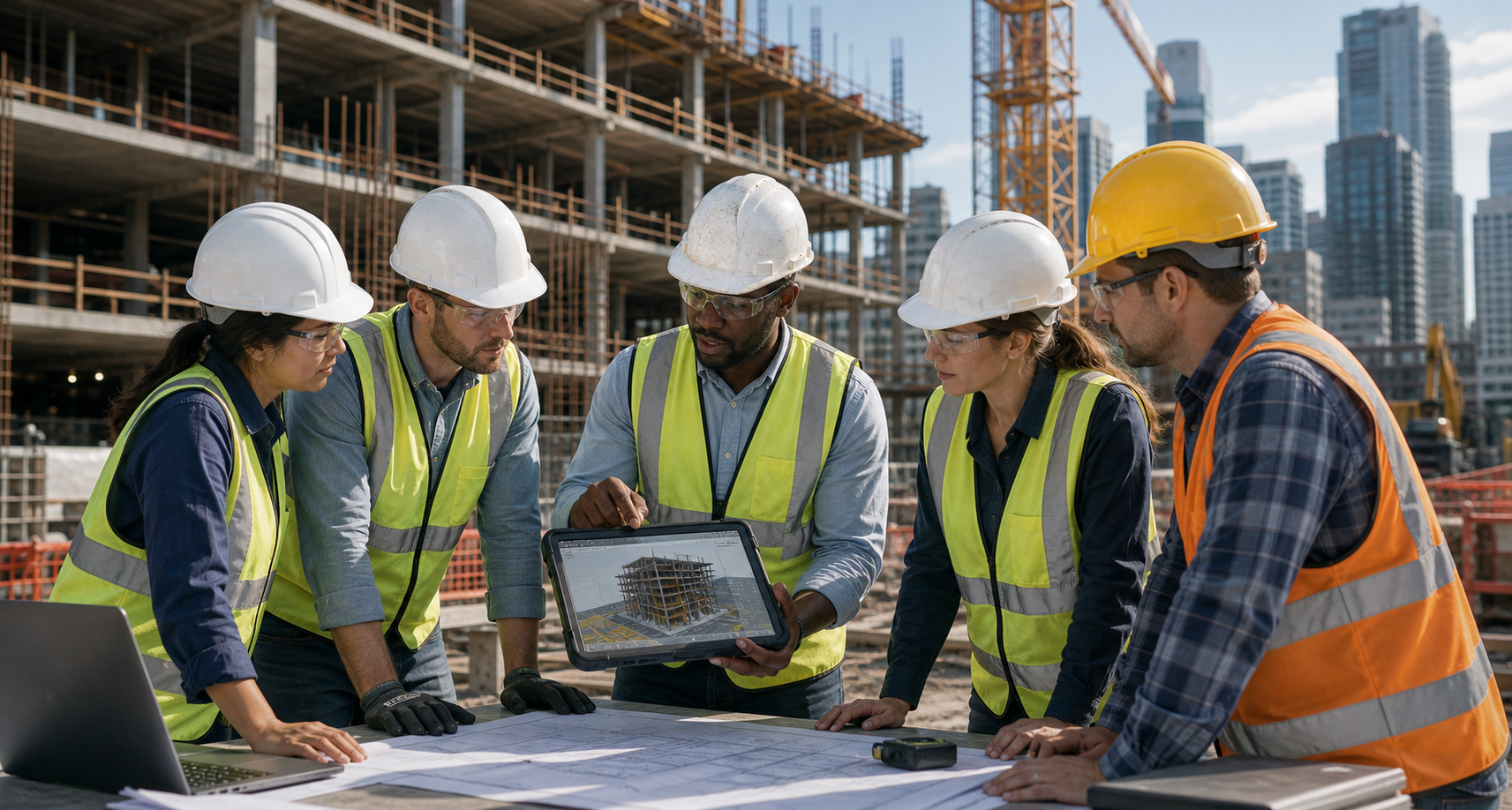 Civil engineering team reviewing a digital building model at a construction site