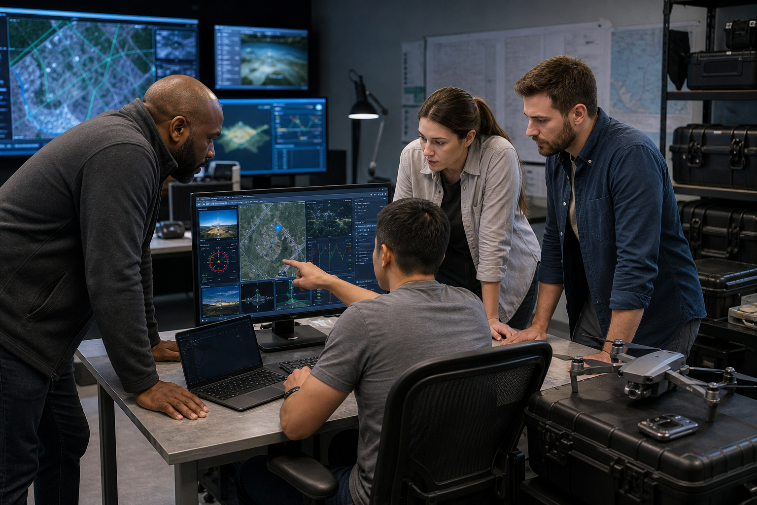 Engineering team reviewing a drone control workstation together