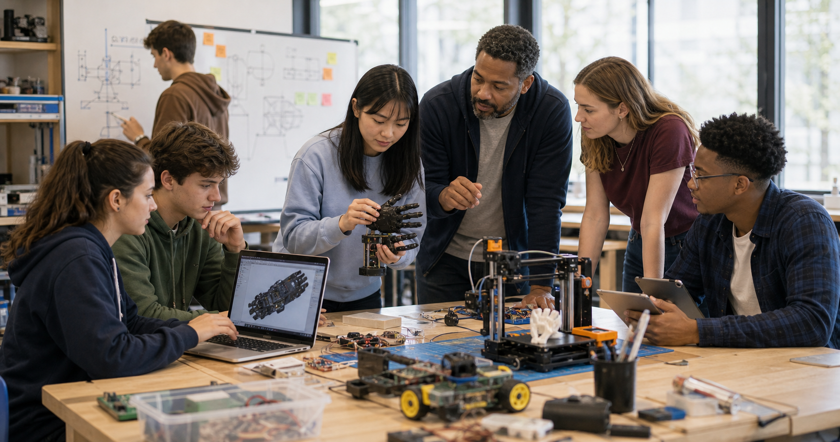 Makerspace team building and testing a prototype with computers and fabrication tools