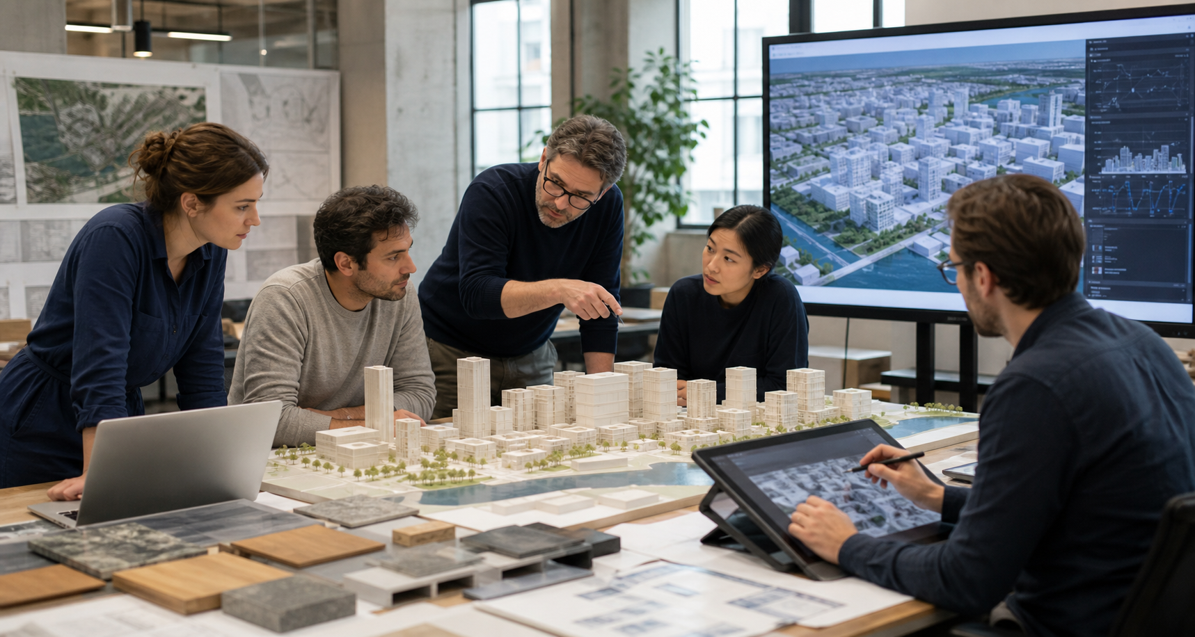 Urban design team collaborating around a city model and digital simulation