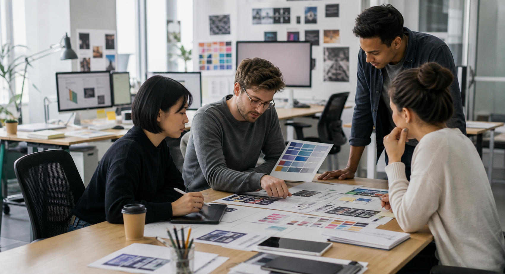 Visual design team reviewing color palettes and interface compositions in a studio