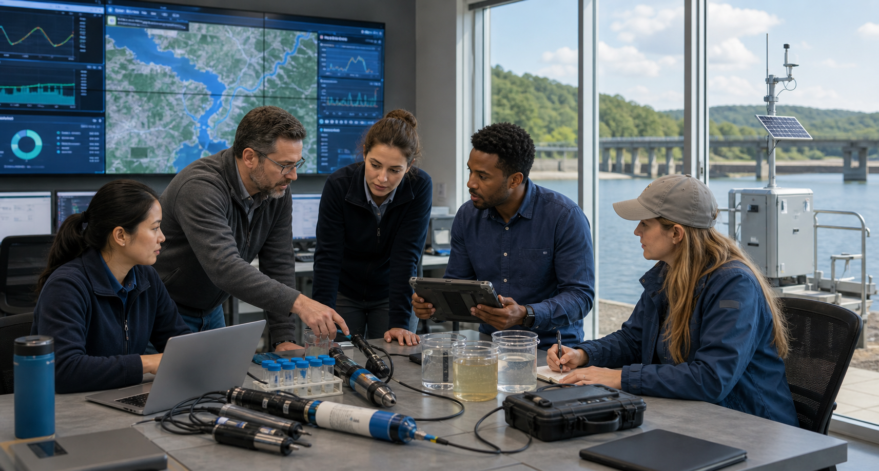 Water management team reviewing sensor data and water quality equipment