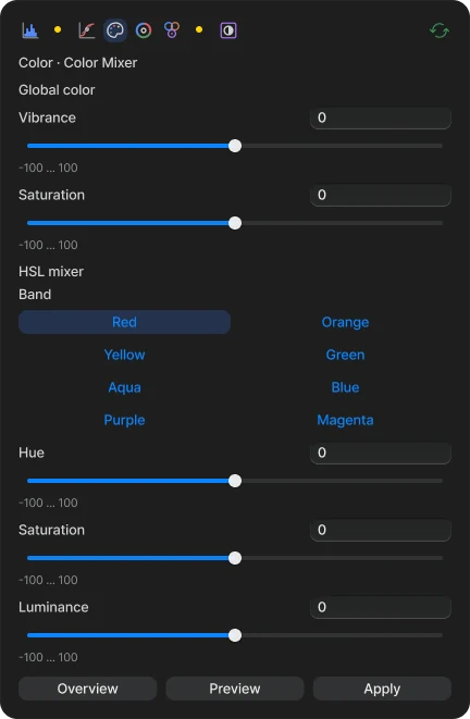 Dreamscapes color mixer with individual color ranges and hue, saturation, and luminance controls