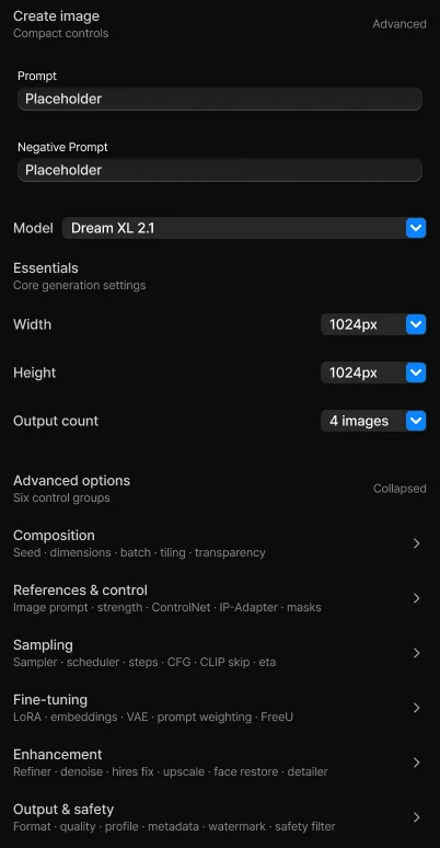 Dreamscapes advanced image generation controls for prompt, model, image dimensions, and output count