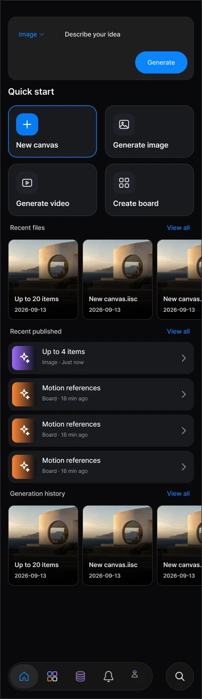 Compact Dreamscapes home preview with quick-start actions, recent work, and image history