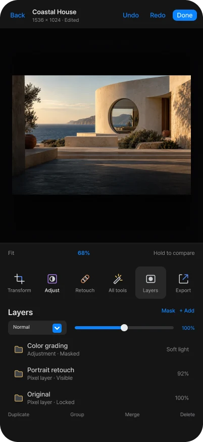 Dreamscapes compact editor showing an architectural image and its layer hierarchy