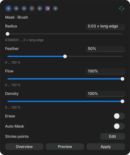 Dreamscapes brush mask controls for brush radius, feather, flow, density, and erase