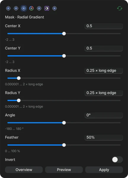 Dreamscapes radial mask controls for position, size, angle, feather, and inversion