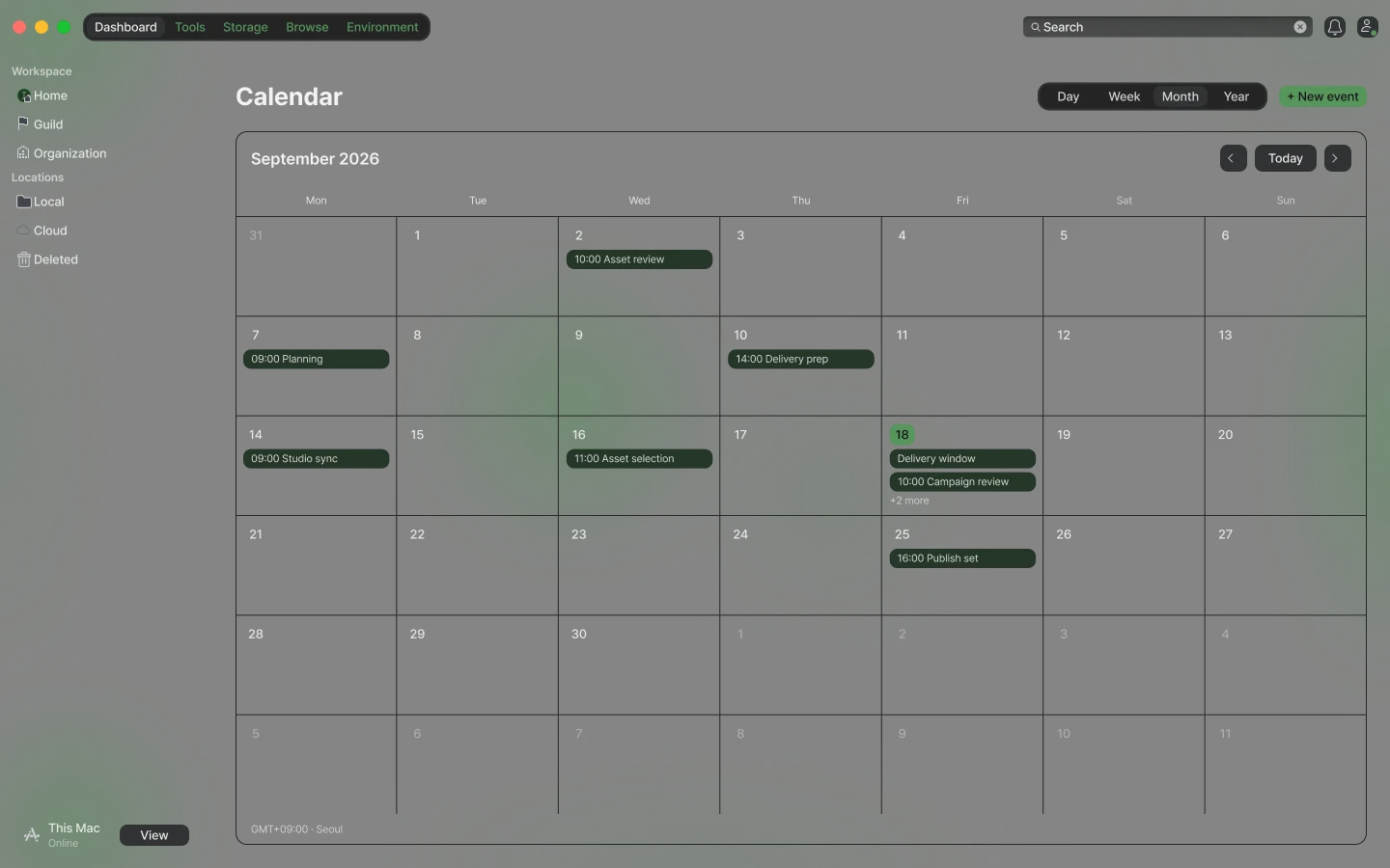 Society monthly calendar preview with a month grid, selected date, and scheduled items