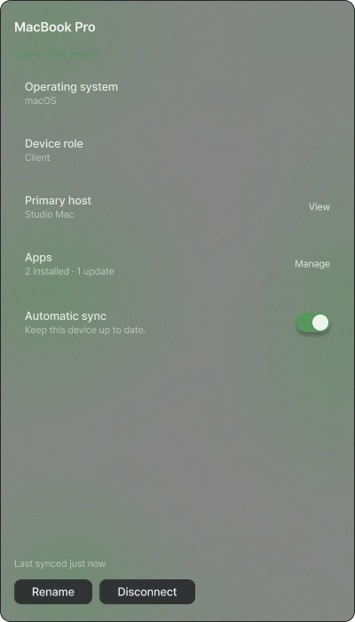 Society selected-device details with operating system, device role, primary host, and automatic sync controls