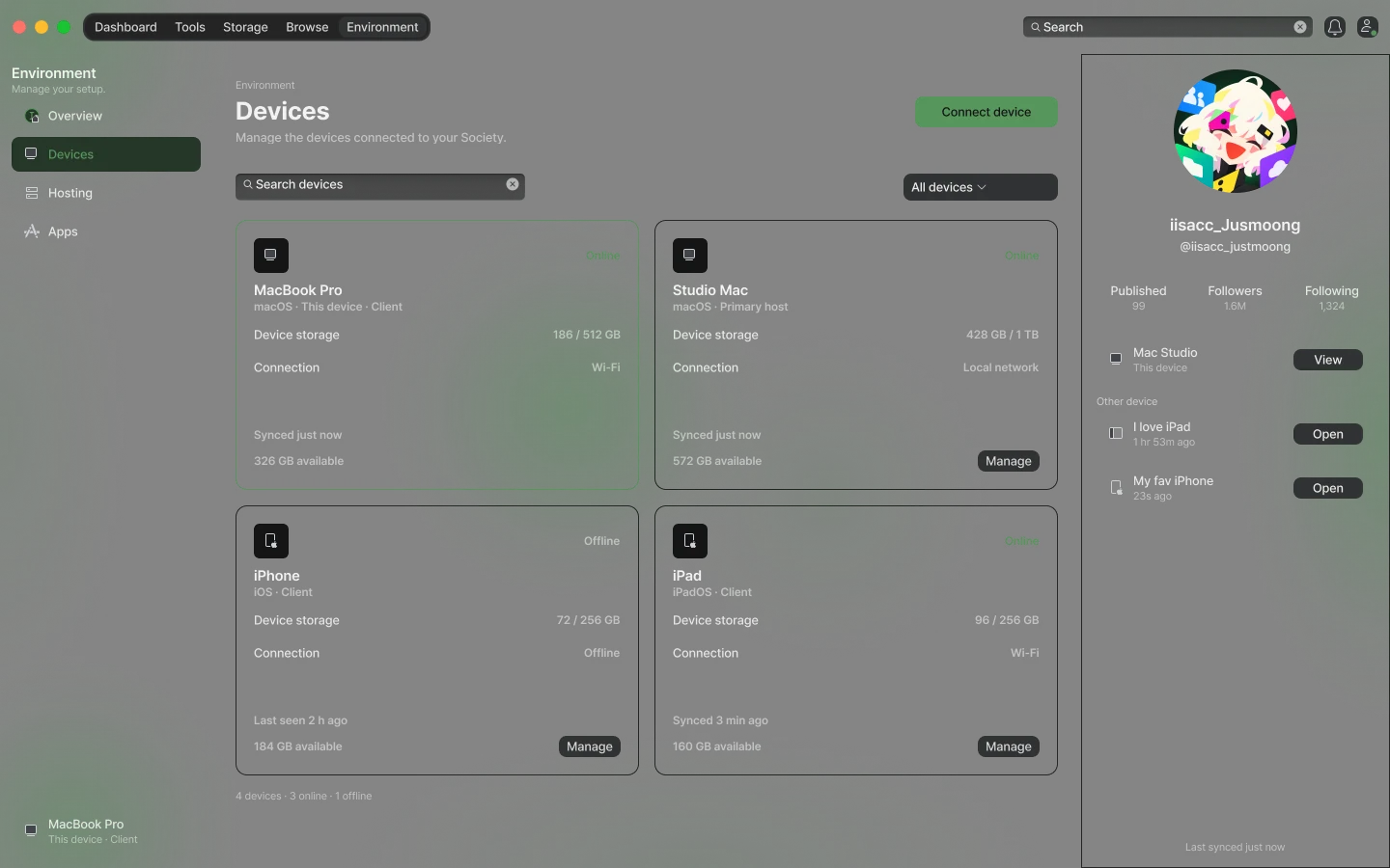 Society connected-device workspace with device list and connection details
