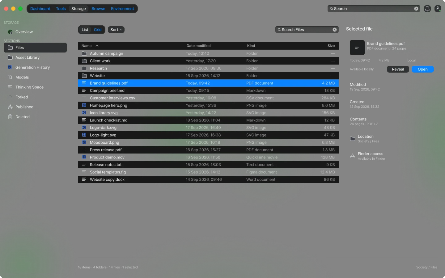 Society file browser with folders, file list, and selected document details