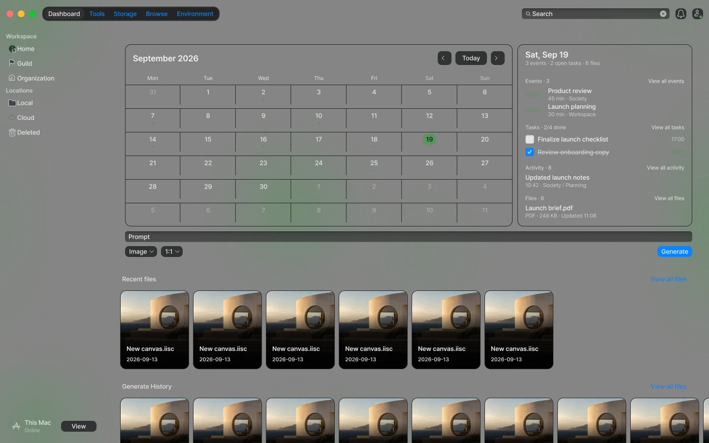 Society dashboard with calendar, recent files, and generation history
