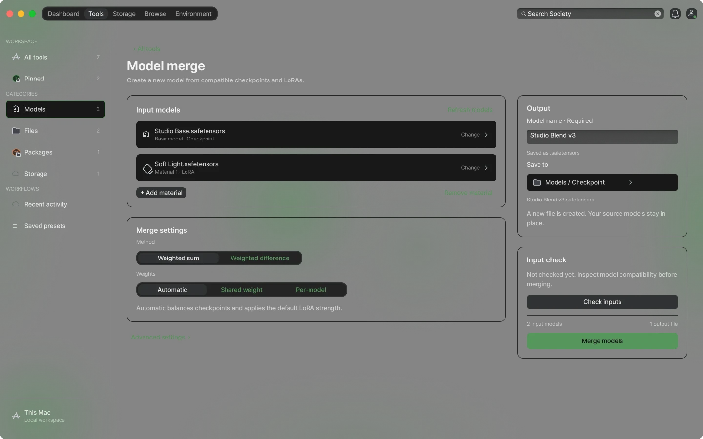 Society model merge workspace showing base and input models, contribution settings, compatibility checks, and output options
