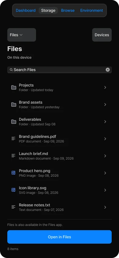 Compact Society file browser with recent files and file actions
