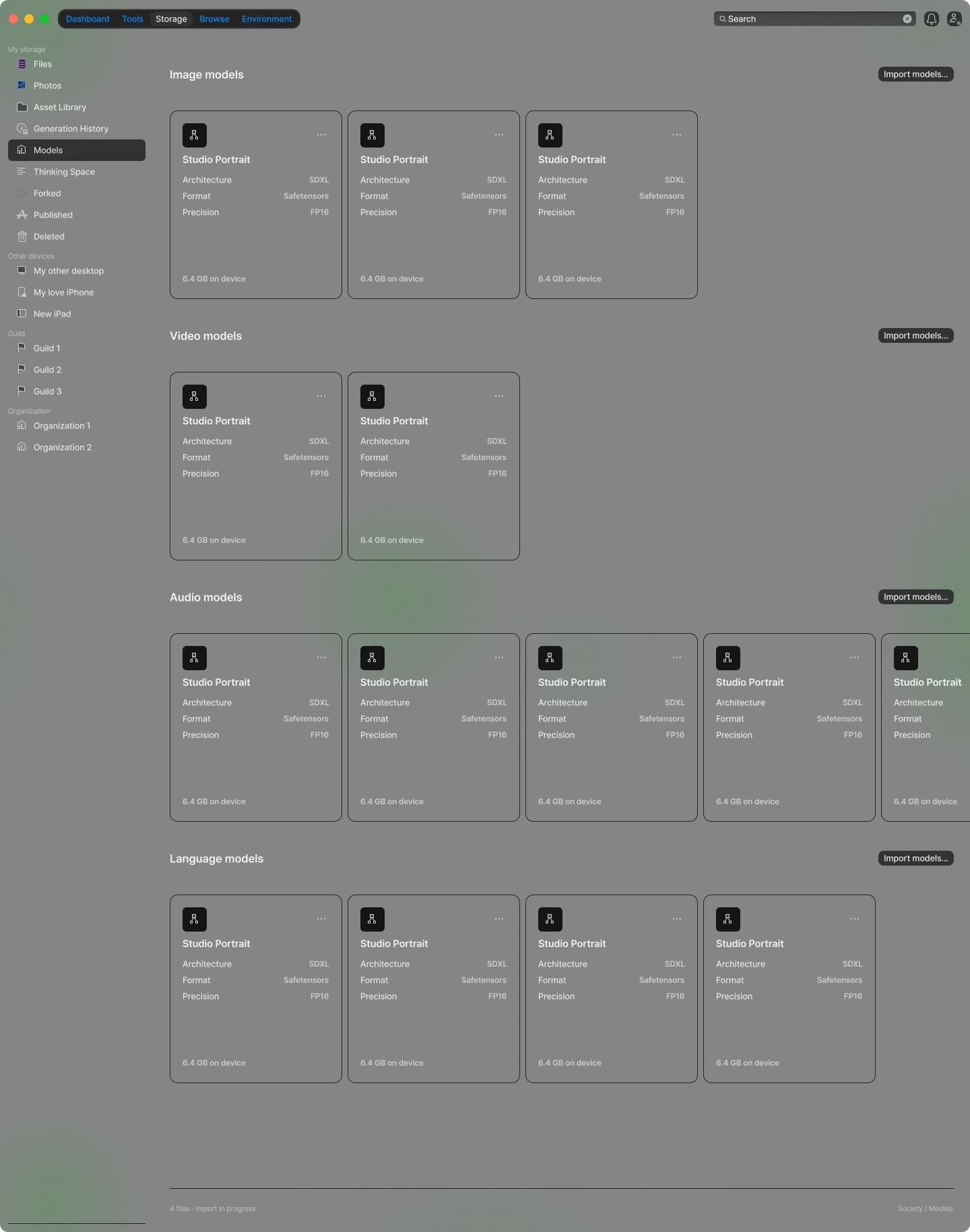 Society model library with image, video, audio, and language model categories