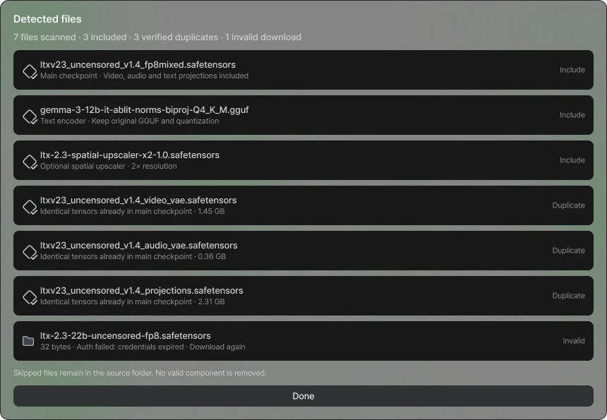 Society detected model components with included files, verified duplicates, and an invalid download