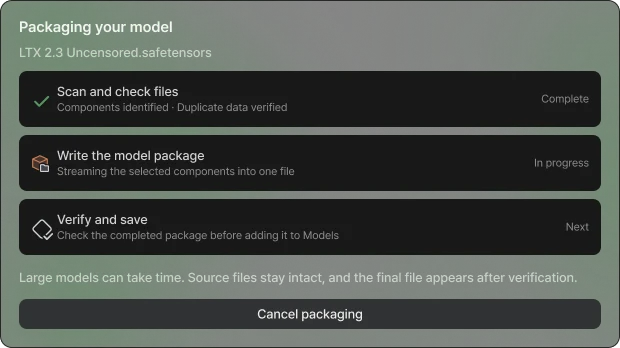 Society packaging progress showing scan, package writing, and verification stages