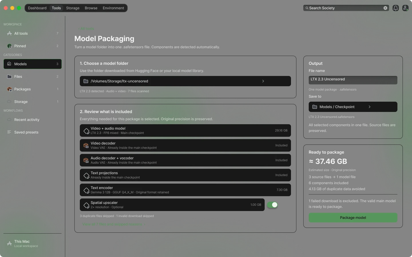 Society model packaging workspace with selected components and output options