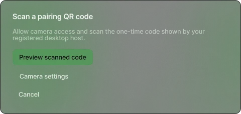 Society QR pairing scan panel with preview, camera settings, and cancel controls
