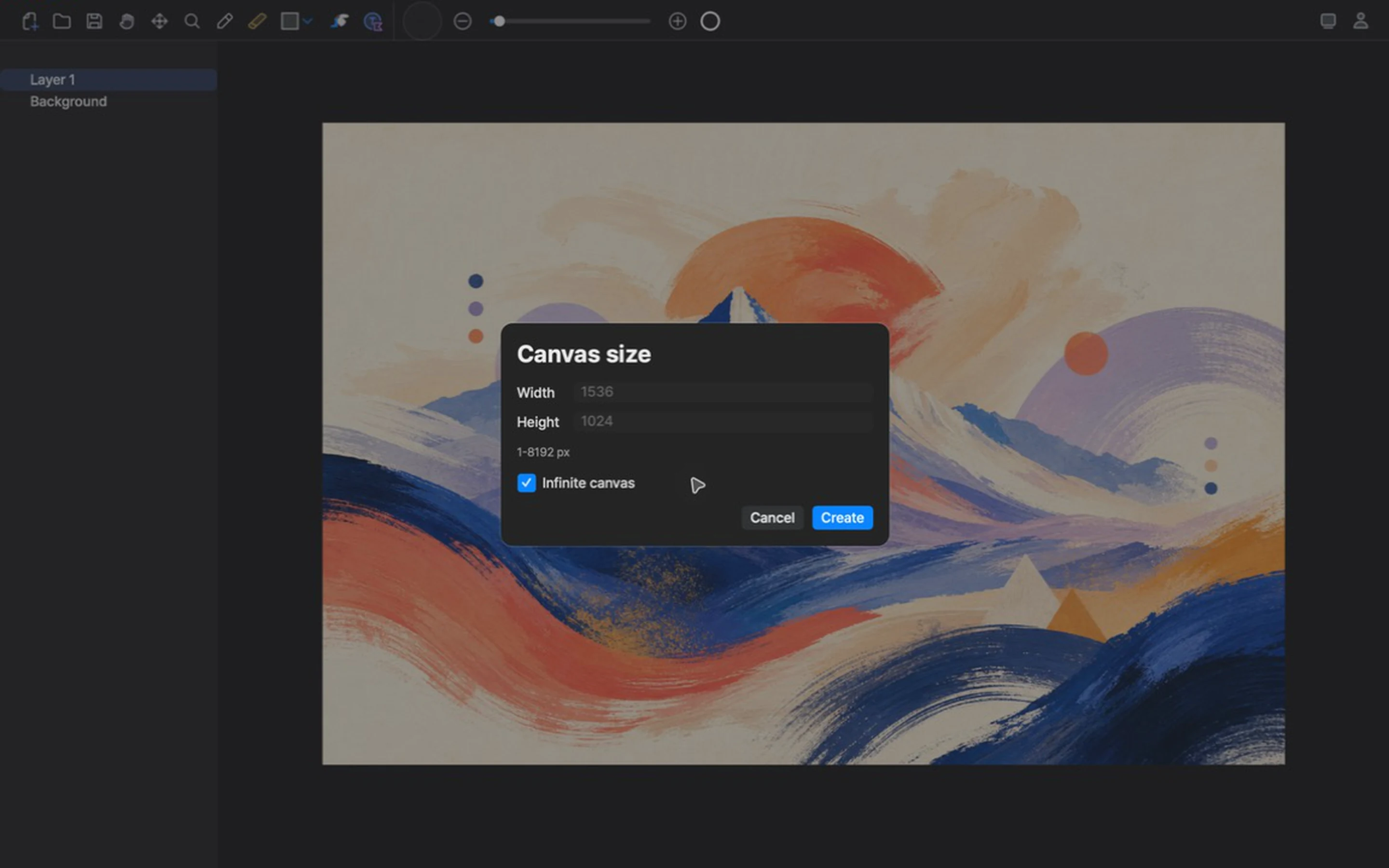 Vincent 6 New canvas dialog with the Infinite canvas option above the editor