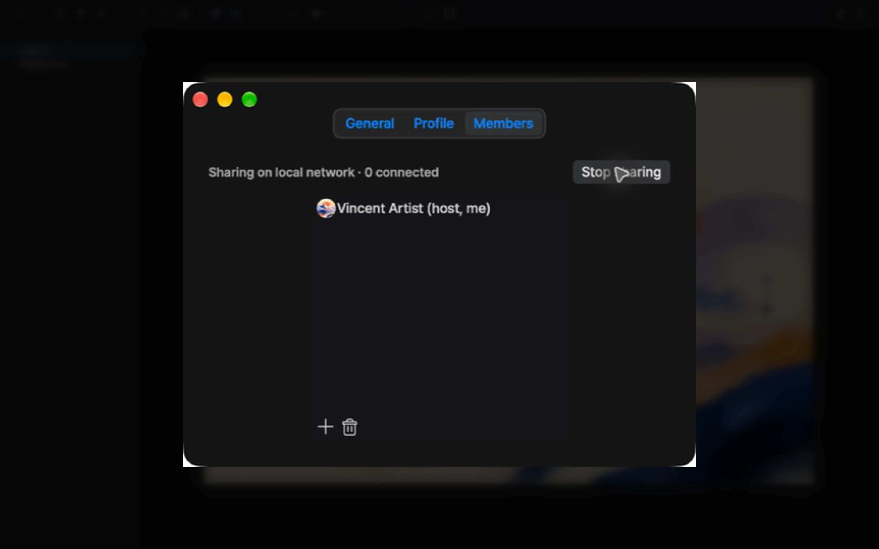 Vincent 6 Members preferences showing the current host in a shared local canvas