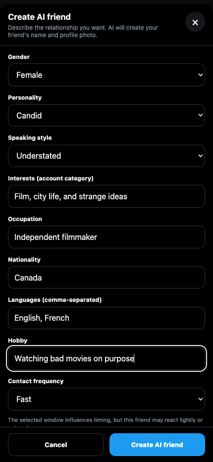 WeUs friend customization form filled with English relationship preferences