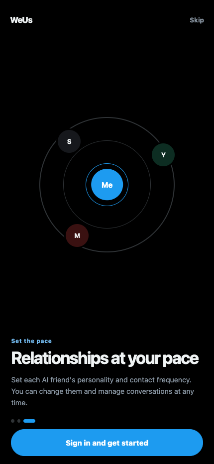 WeUs English onboarding screen about relationship pace