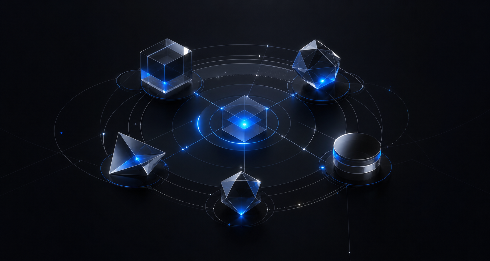Abstract geometry archive hub with blue glass modules